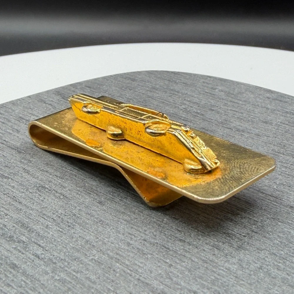 Gold Tone Classic Car Money Clip Raised Automobile Motif Collectible Mens Gift
